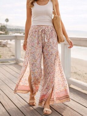 New Look Floral Wide Leg Boho Pants Side Slit Drawstring Size M